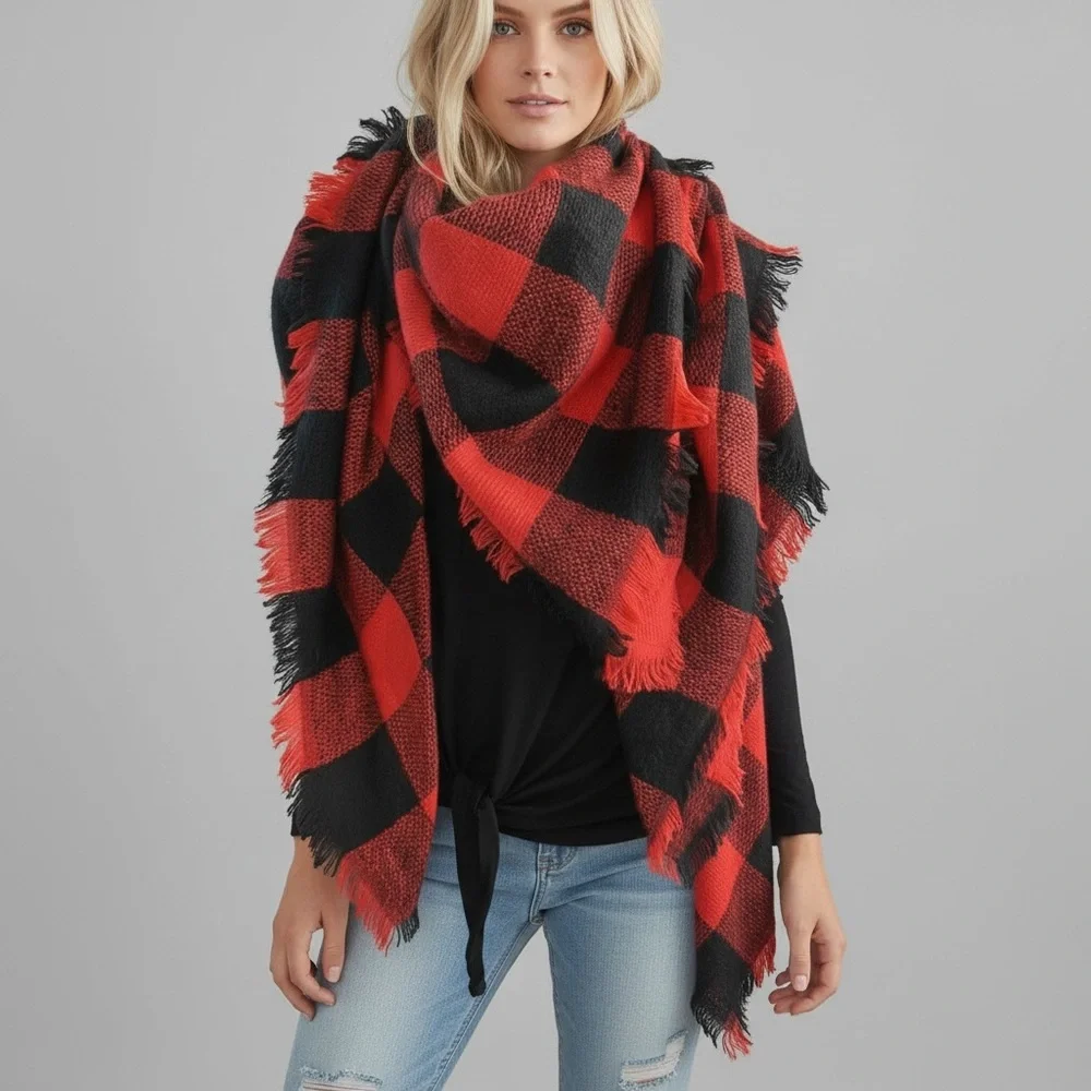 Red Black Plaid Oversized Scarf